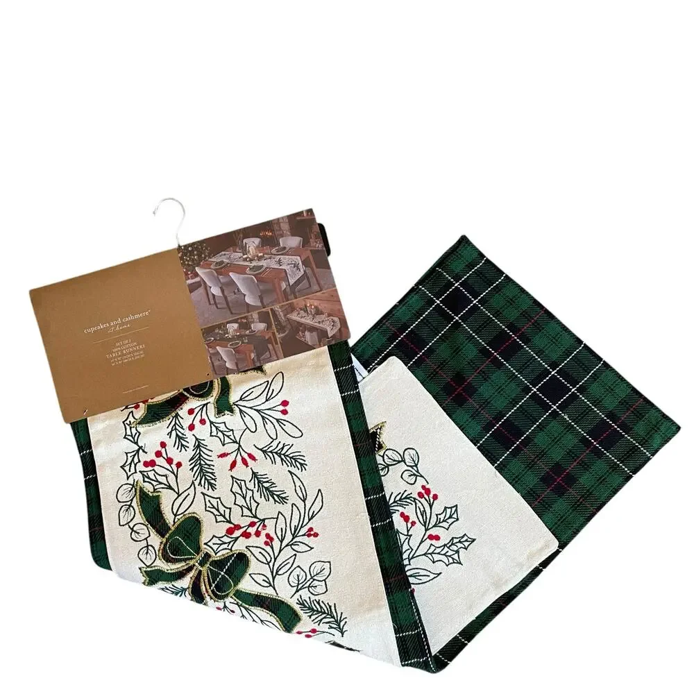 2pc Cupcakes & Cashmere Holly Berry & Bows Double Table Runner Tartan Plaid New